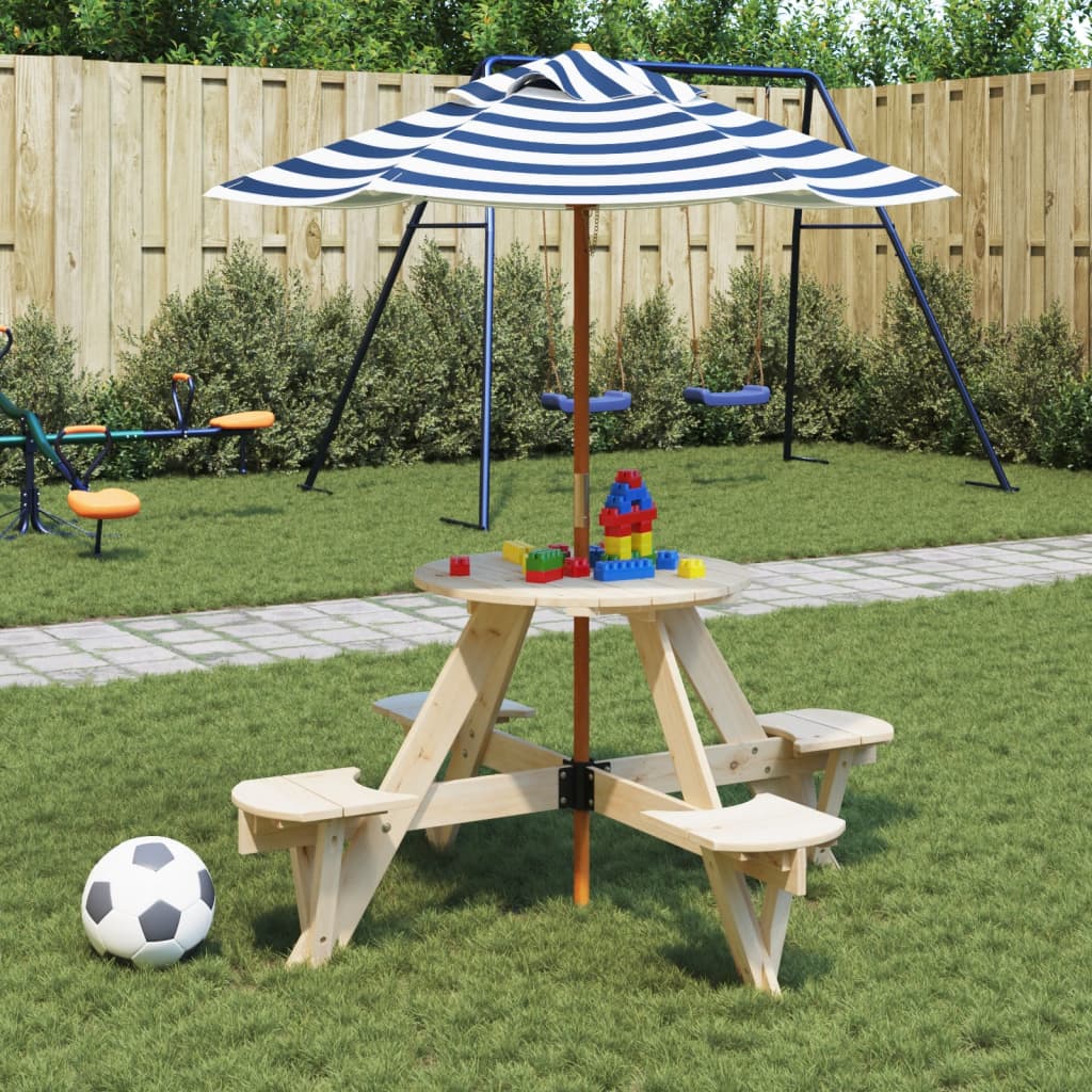 vidaXL Picnic Table for 4 Kids with Umbrella Round Solid Wood Fir