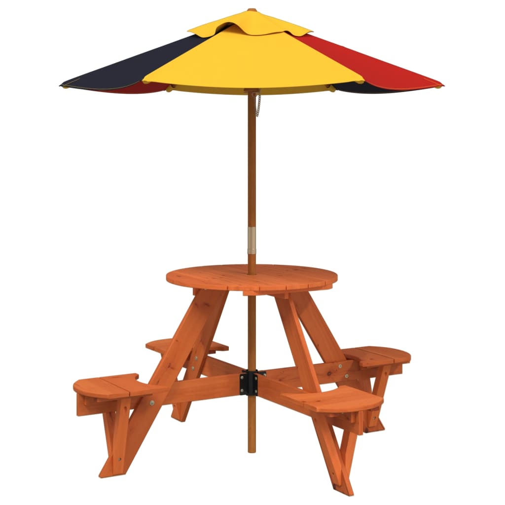 vidaXL Picnic Table for 4 Kids with Umbrella Round Solid Wood Fir