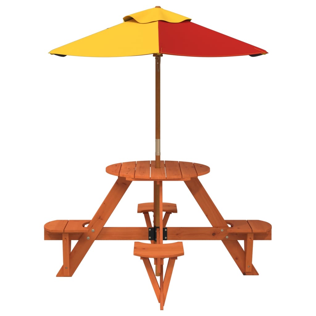 vidaXL Picnic Table for 4 Kids with Umbrella Round Solid Wood Fir