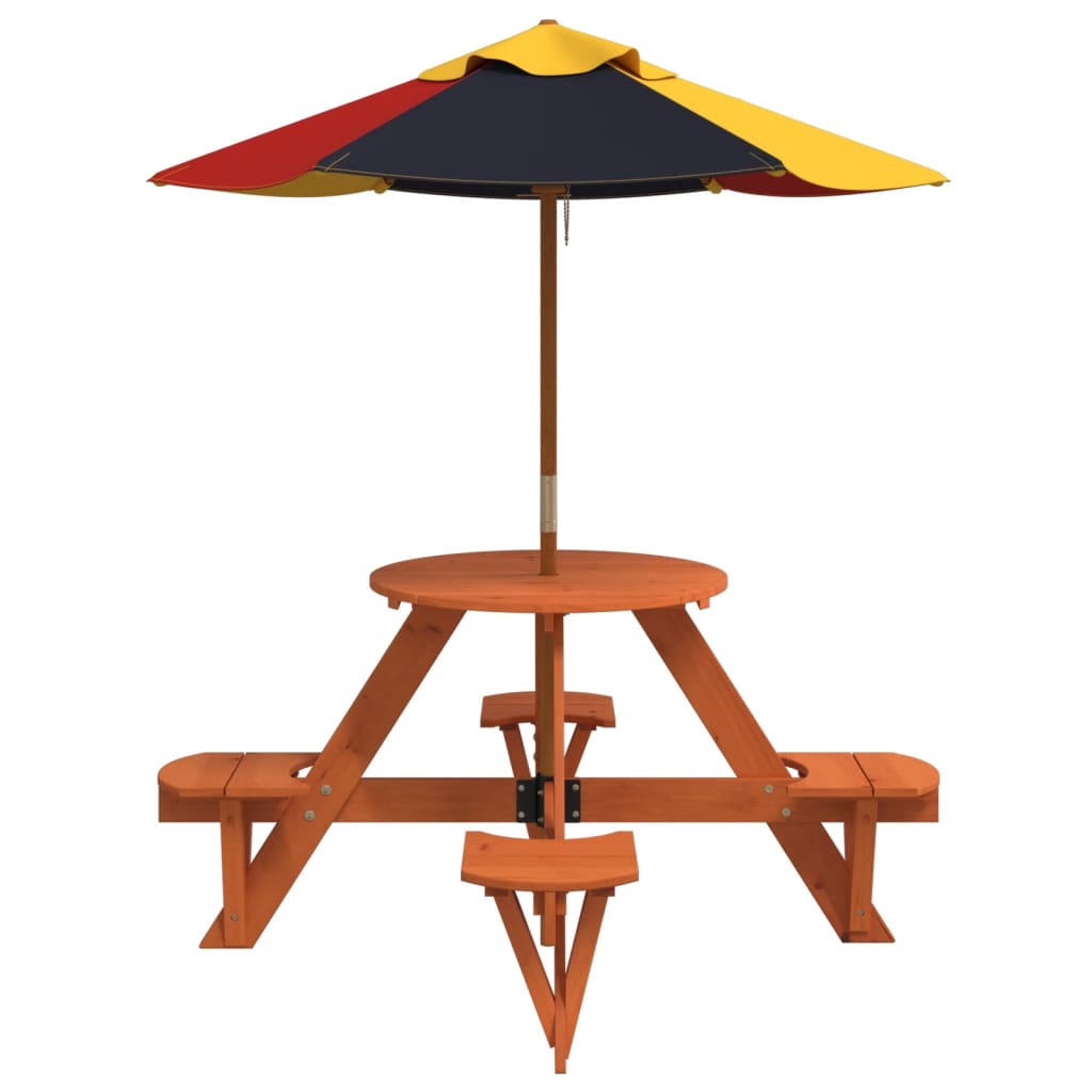 vidaXL Picnic Table for 4 Kids with Umbrella Round Solid Wood Fir