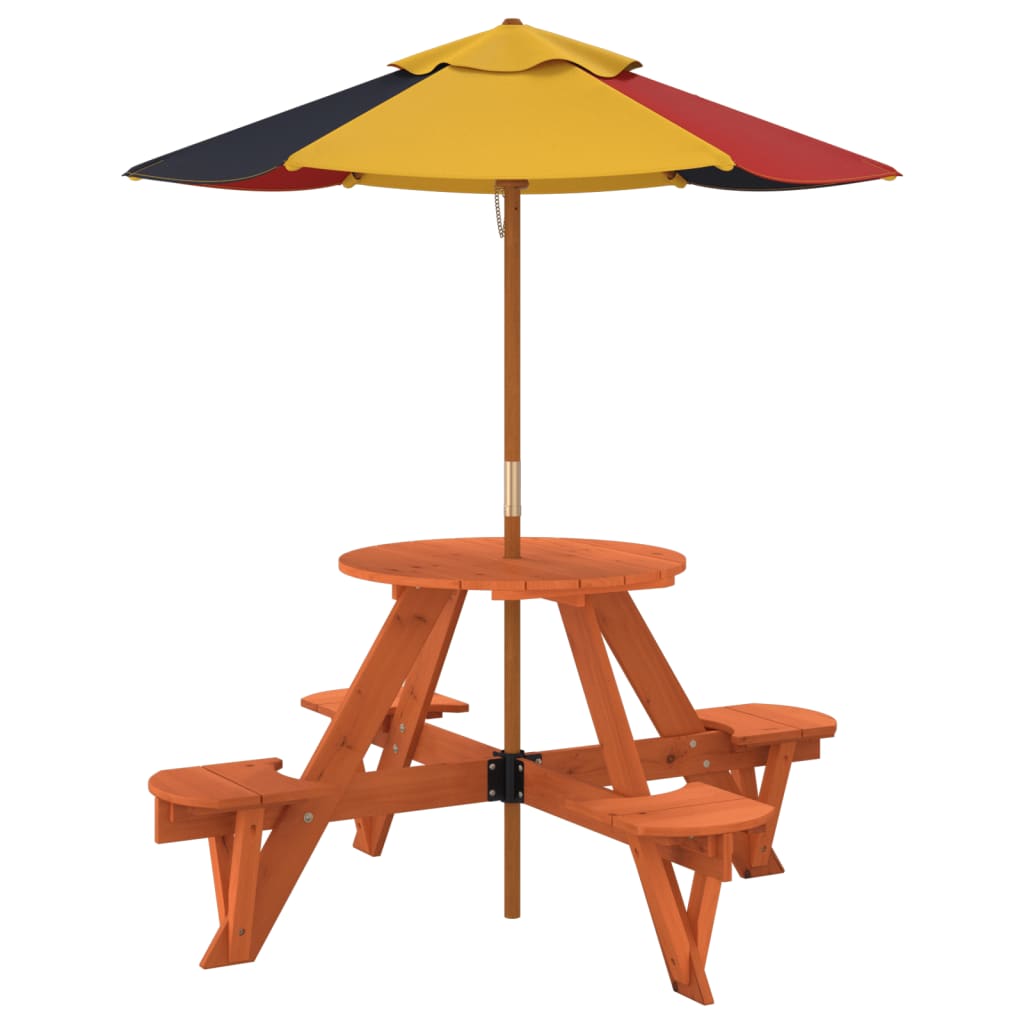 vidaXL Picnic Table for 4 Kids with Umbrella Round Solid Wood Fir