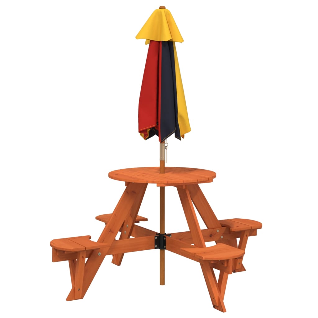 vidaXL Picnic Table for 4 Kids with Umbrella Round Solid Wood Fir