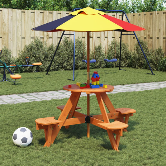 vidaXL Picnic Table for 4 Kids with Umbrella Round Solid Wood Fir