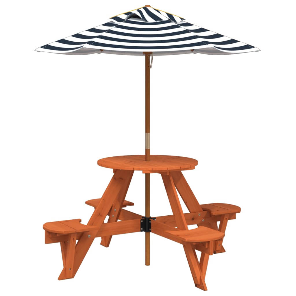 vidaXL Picnic Table for 4 Kids with Umbrella Round Solid Wood Fir