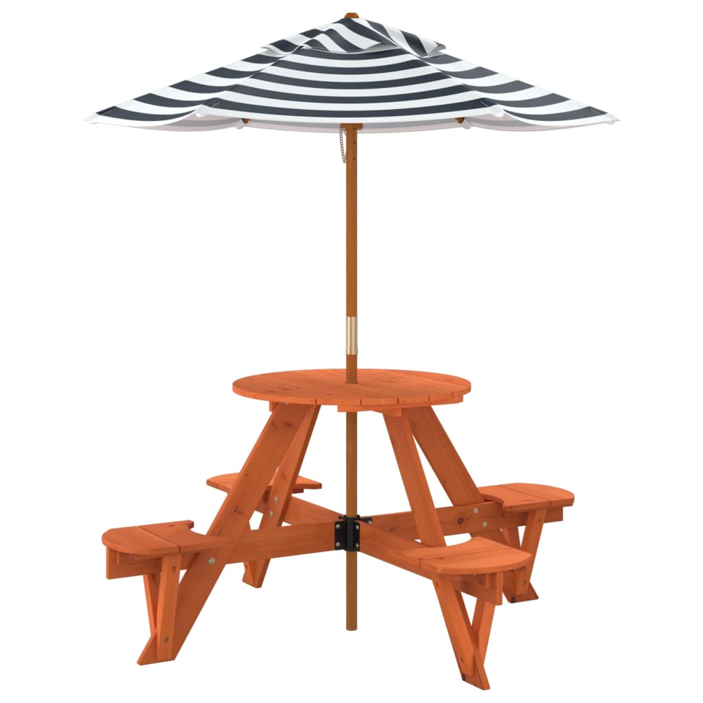 vidaXL Picnic Table for 4 Kids with Umbrella Round Solid Wood Fir