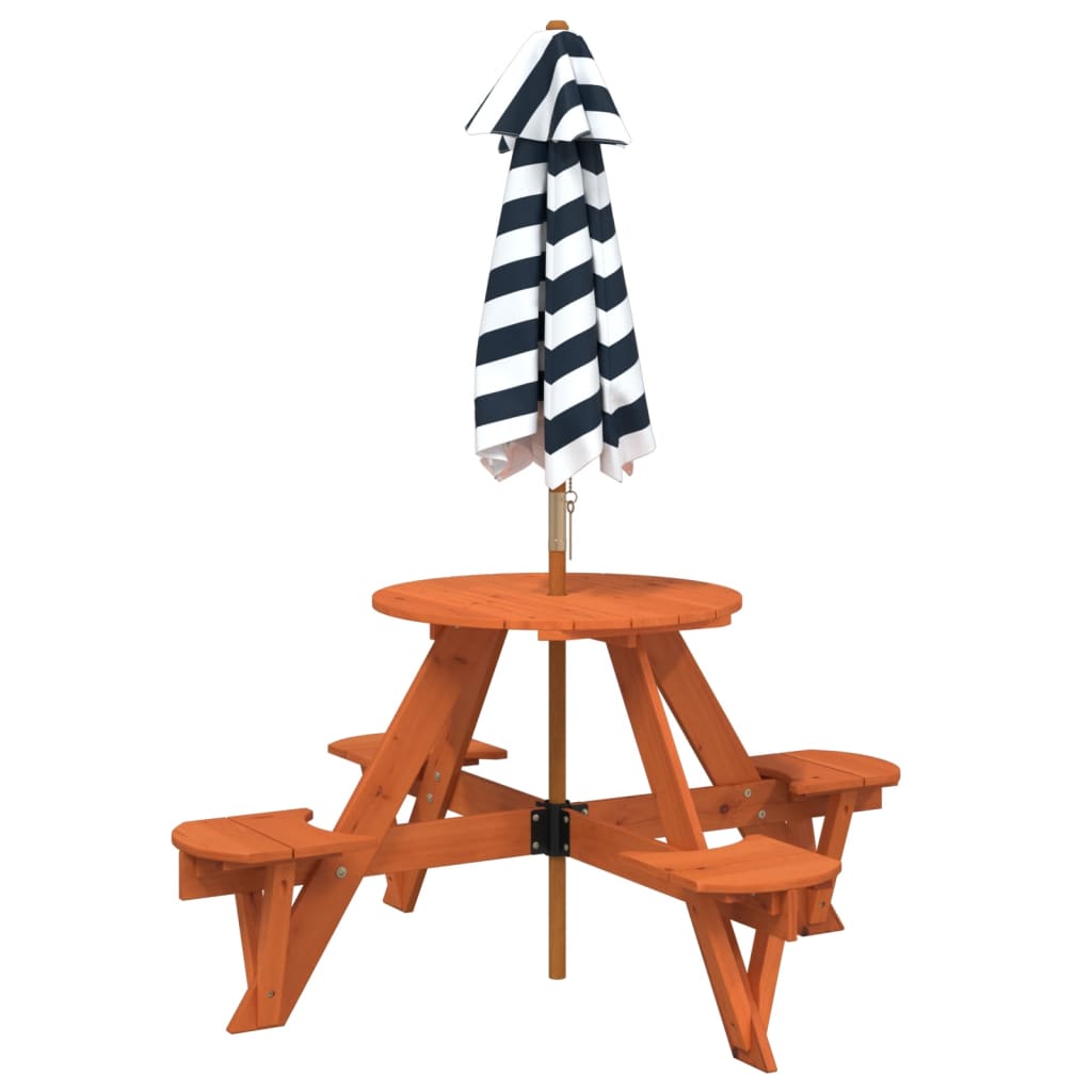 vidaXL Picnic Table for 4 Kids with Umbrella Round Solid Wood Fir