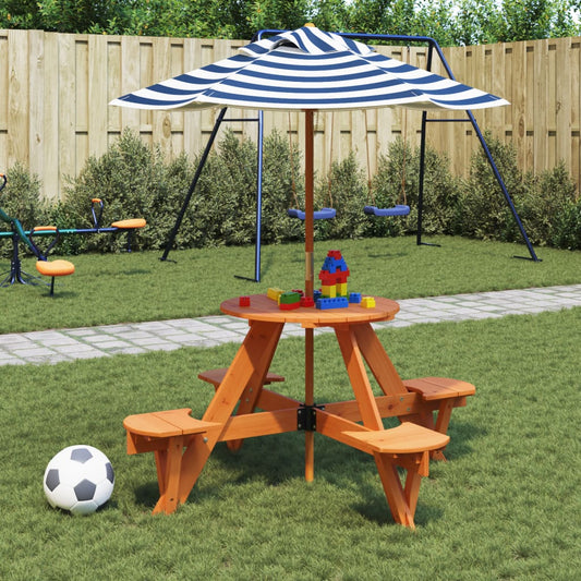 vidaXL Picnic Table for 4 Kids with Umbrella Round Solid Wood Fir