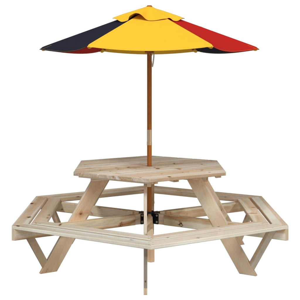 vidaXL Picnic Table for 6 Kids with Umbrella Hexagon Solid Wood Fir