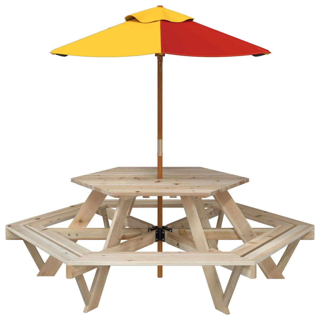 vidaXL Picnic Table for 6 Kids with Umbrella Hexagon Solid Wood Fir