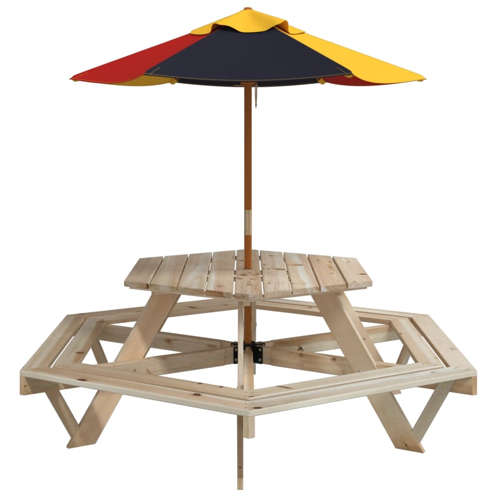 vidaXL Picnic Table for 6 Kids with Umbrella Hexagon Solid Wood Fir