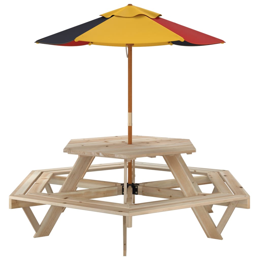 vidaXL Picnic Table for 6 Kids with Umbrella Hexagon Solid Wood Fir