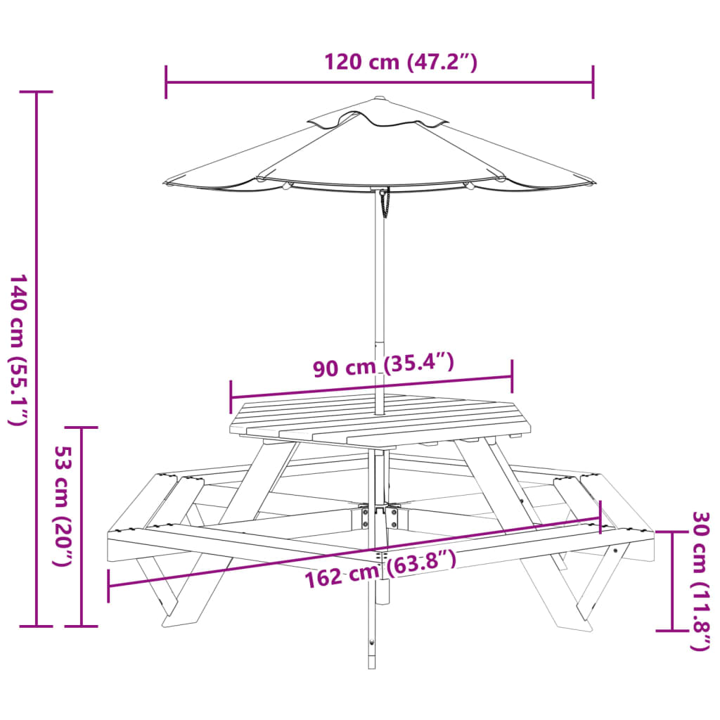 vidaXL Picnic Table for 6 Kids with Umbrella Hexagon Solid Wood Fir