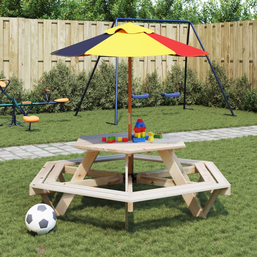 vidaXL Picnic Table for 6 Kids with Umbrella Hexagon Solid Wood Fir