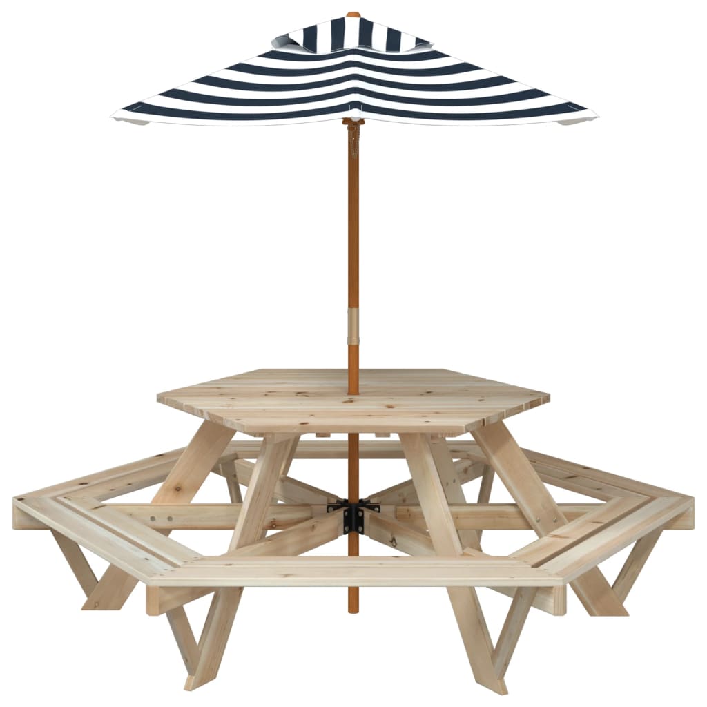 vidaXL Picnic Table for 6 Kids with Umbrella Hexagon Solid Wood Fir