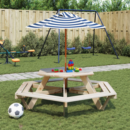 vidaXL Picnic Table for 6 Kids with Umbrella Hexagon Solid Wood Fir