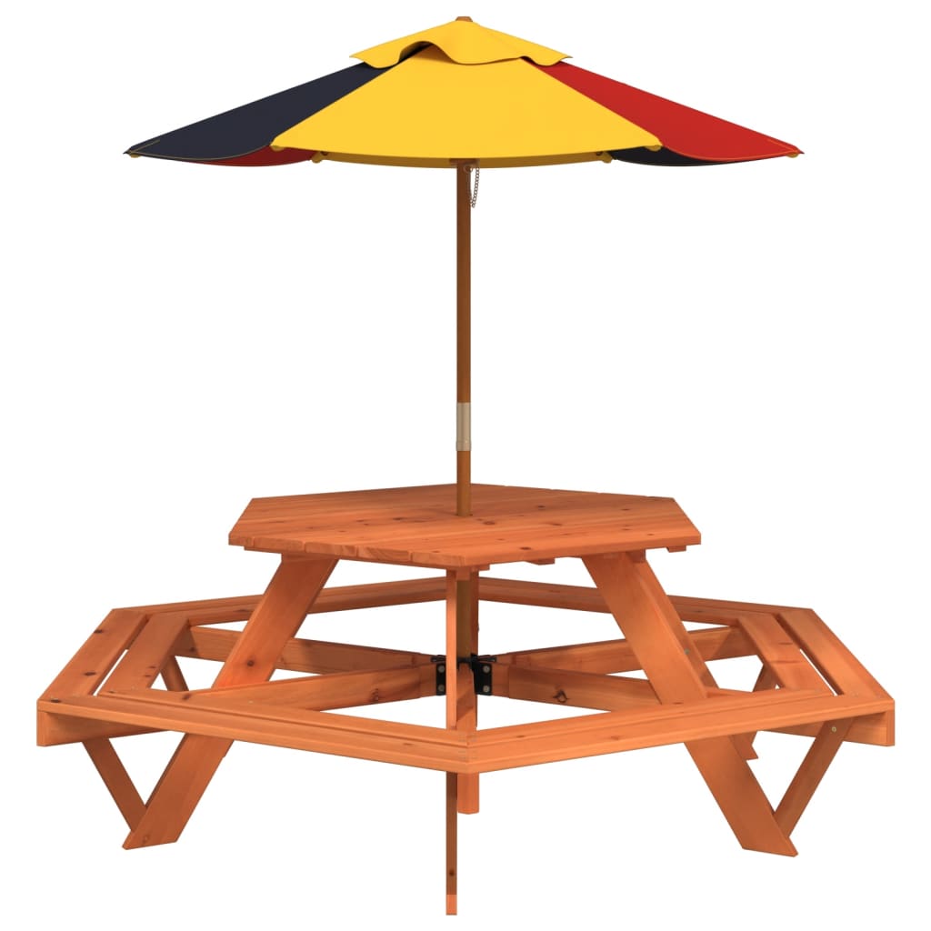 vidaXL Picnic Table for 6 Kids with Umbrella Hexagon Solid Wood Fir