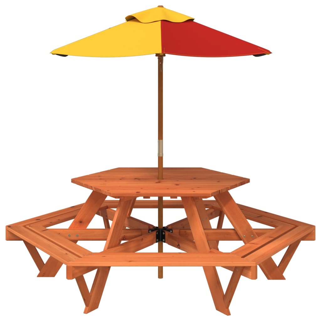 vidaXL Picnic Table for 6 Kids with Umbrella Hexagon Solid Wood Fir