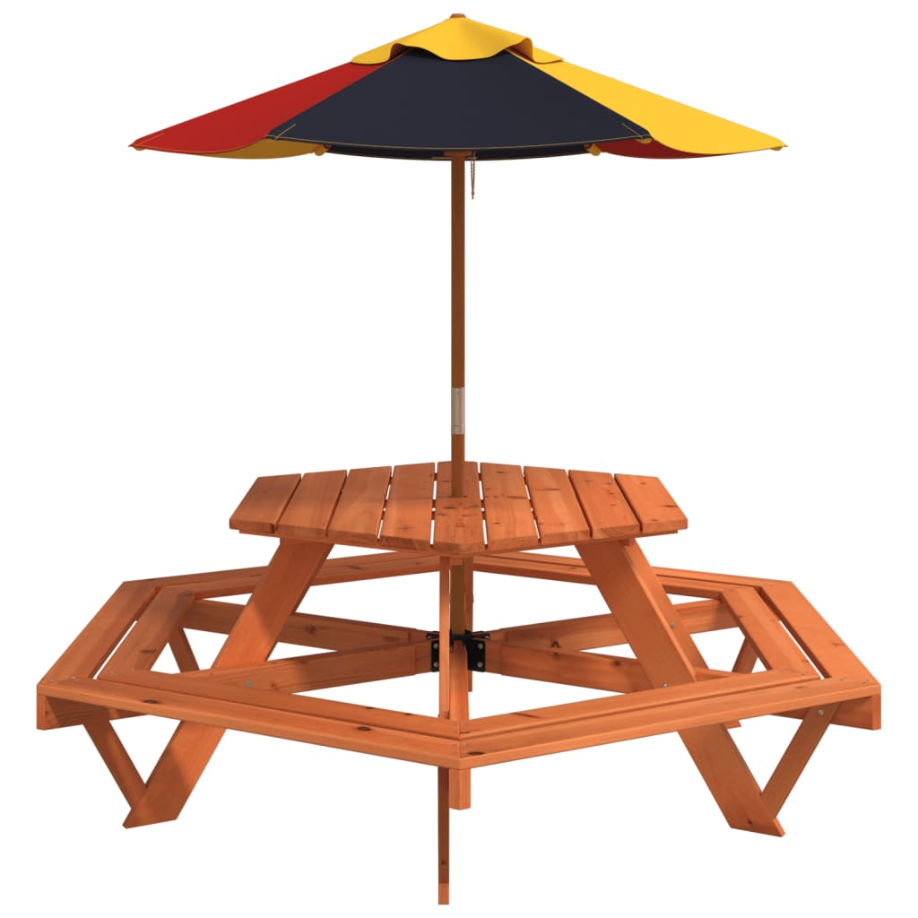 vidaXL Picnic Table for 6 Kids with Umbrella Hexagon Solid Wood Fir