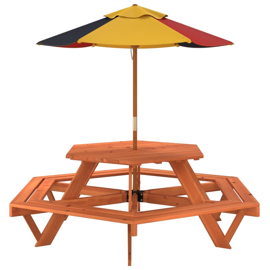 vidaXL Picnic Table for 6 Kids with Umbrella Hexagon Solid Wood Fir