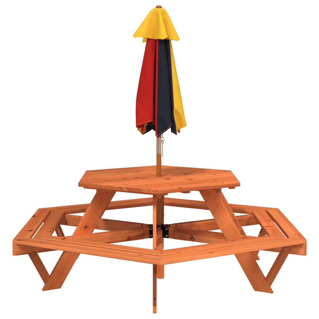 vidaXL Picnic Table for 6 Kids with Umbrella Hexagon Solid Wood Fir