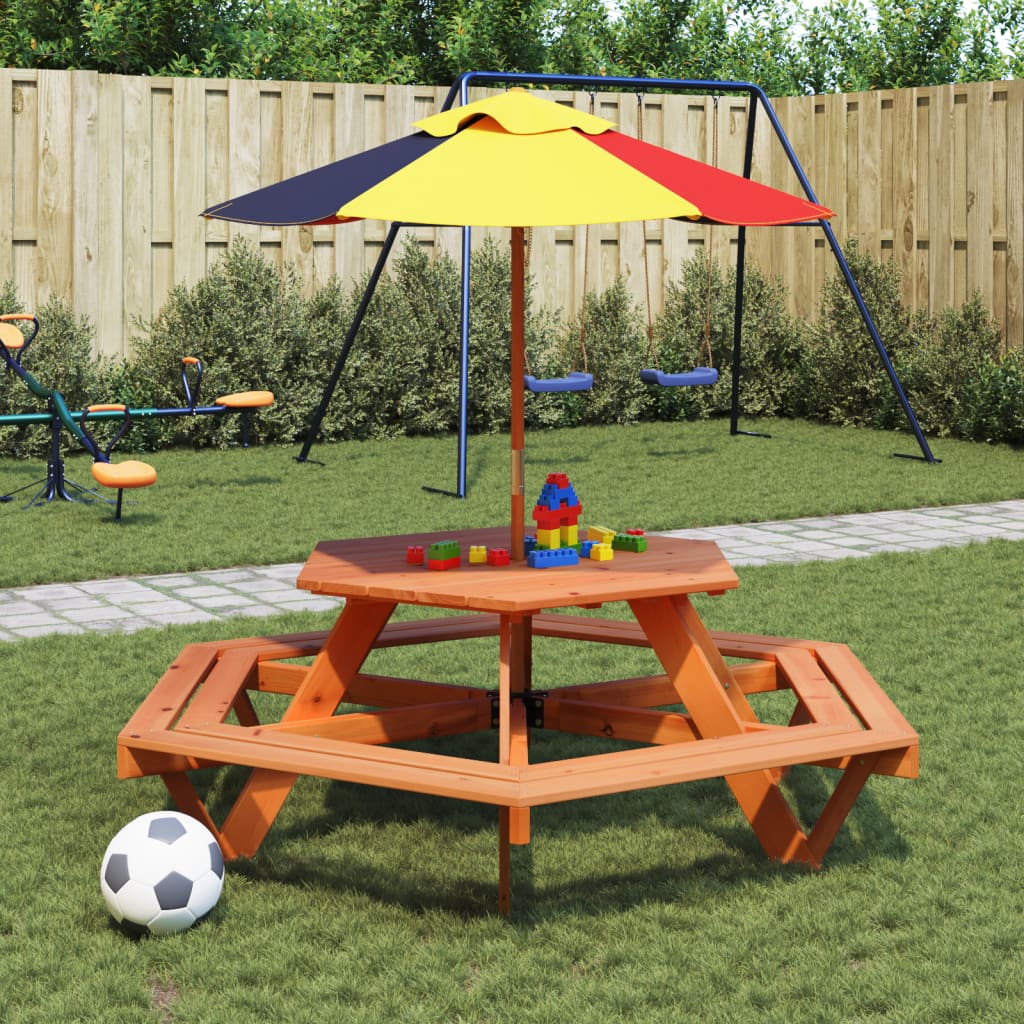 vidaXL Picnic Table for 6 Kids with Umbrella Hexagon Solid Wood Fir