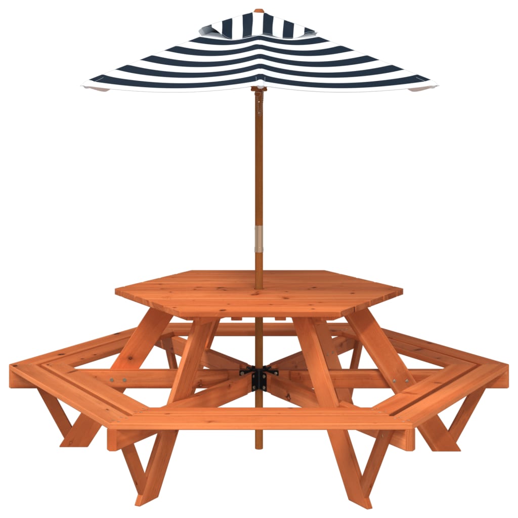 vidaXL Picnic Table for 6 Kids with Umbrella Hexagon Solid Wood Fir