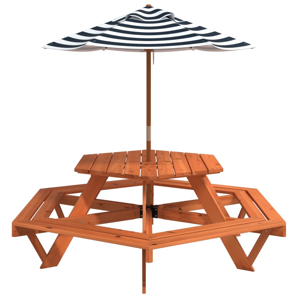 vidaXL Picnic Table for 6 Kids with Umbrella Hexagon Solid Wood Fir