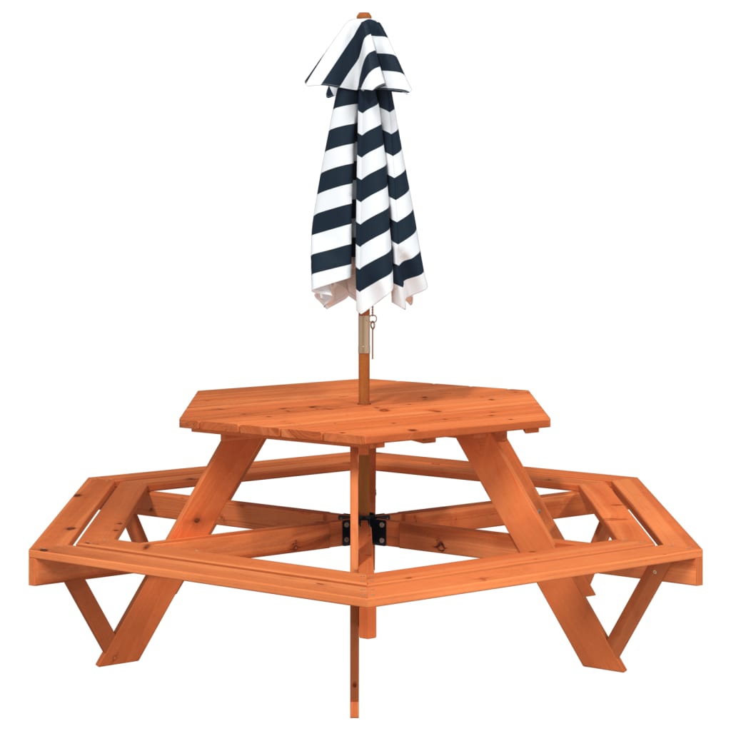 vidaXL Picnic Table for 6 Kids with Umbrella Hexagon Solid Wood Fir