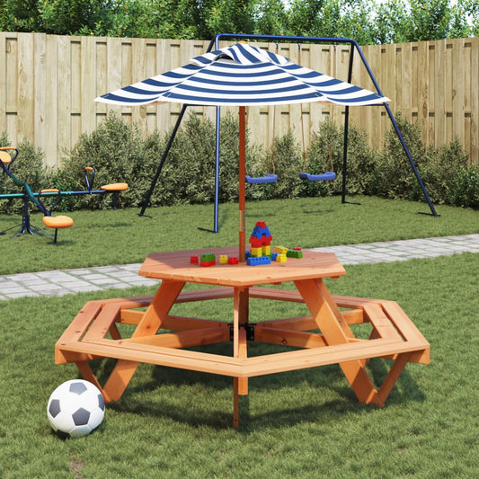 vidaXL Picnic Table for 6 Kids with Umbrella Hexagon Solid Wood Fir