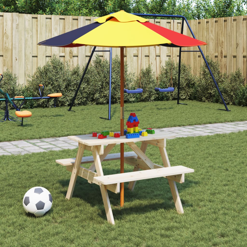 vidaXL Picnic Table for 4 Kids with Umbrella Hole Solid Wood Fir