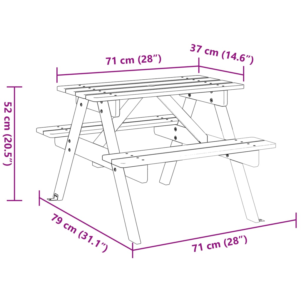 vidaXL Picnic Table for 4 Kids with Umbrella Hole Solid Wood Fir