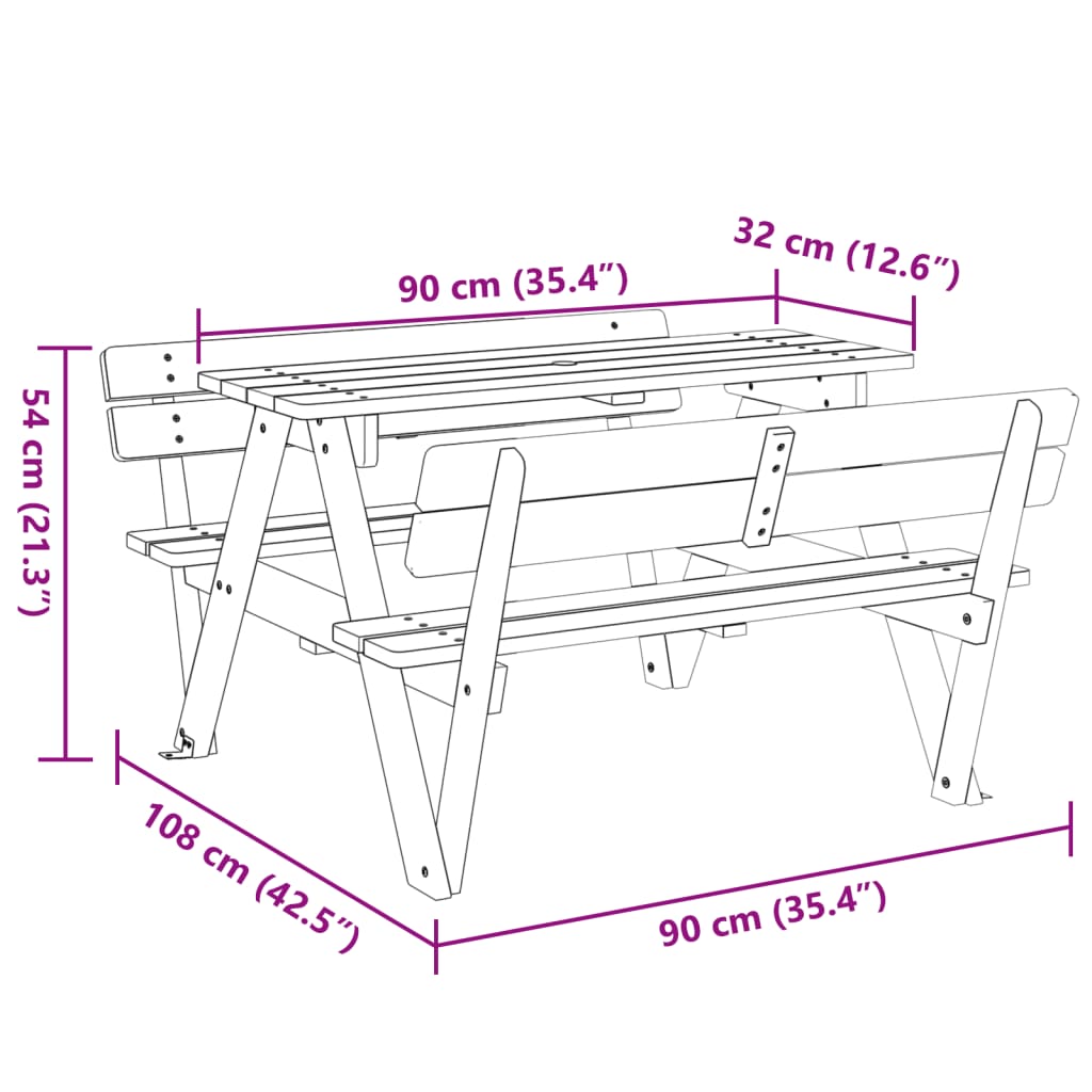 vidaXL Picnic Table for 4 Kids with Umbrella Hole Solid Wood Fir