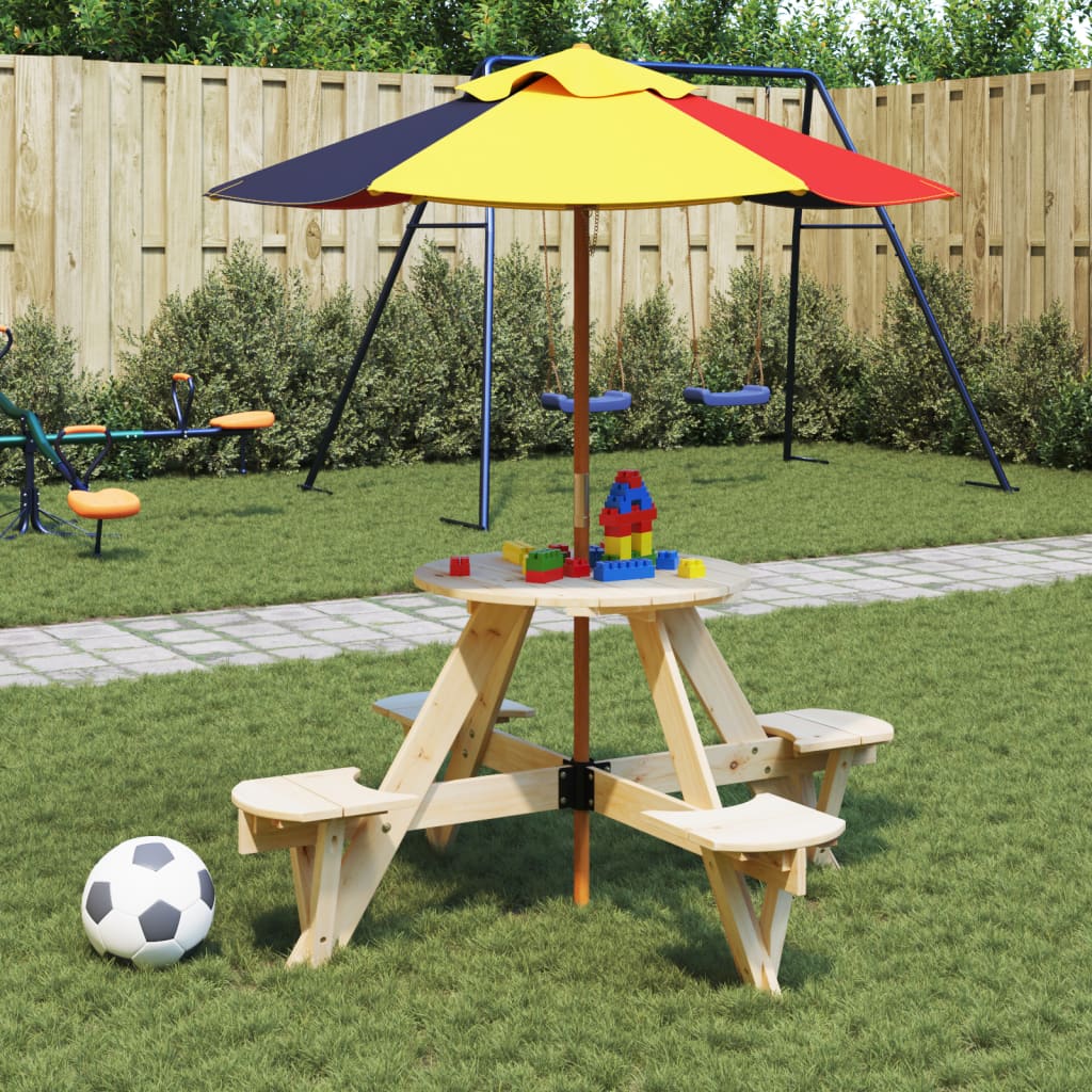 vidaXL Picnic Table for 4 Kids with Umbrella Hole Round Solid Wood Fir