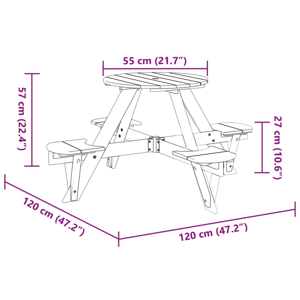 vidaXL Picnic Table for 4 Kids with Umbrella Hole Round Solid Wood Fir