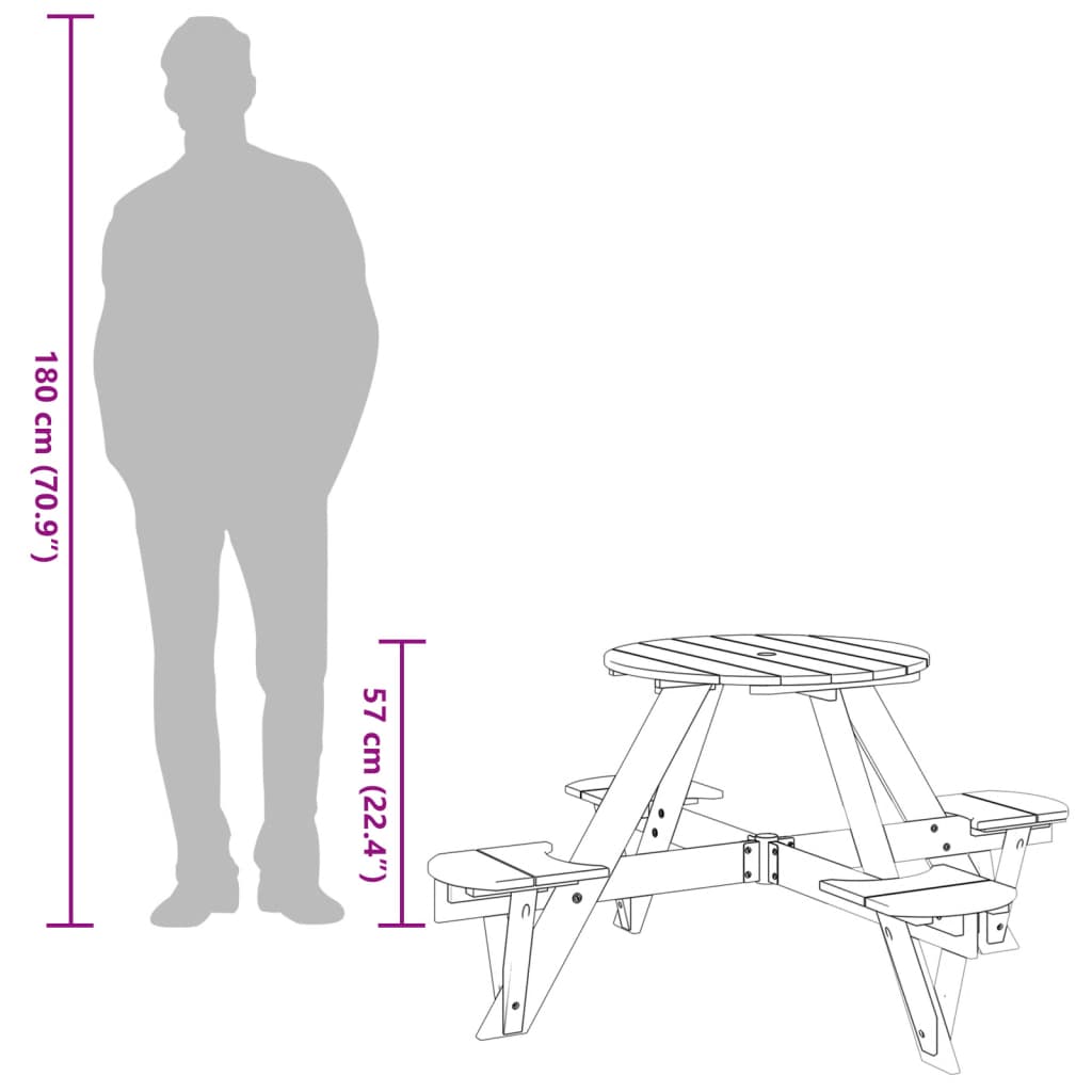 vidaXL Picnic Table for 4 Kids with Umbrella Hole Round Solid Wood Fir