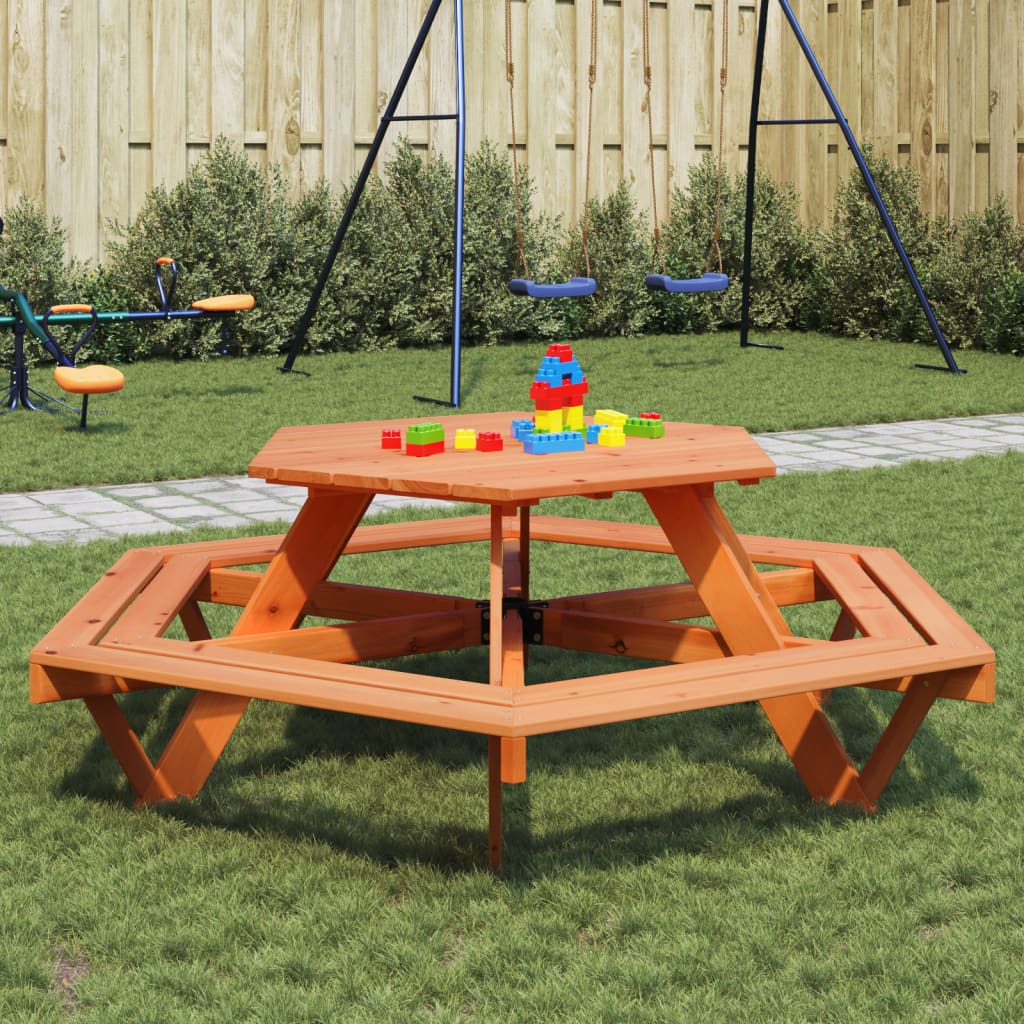 vidaXL Picnic Table for 6 Kids with Benches Hexagon Solid Wood Fir