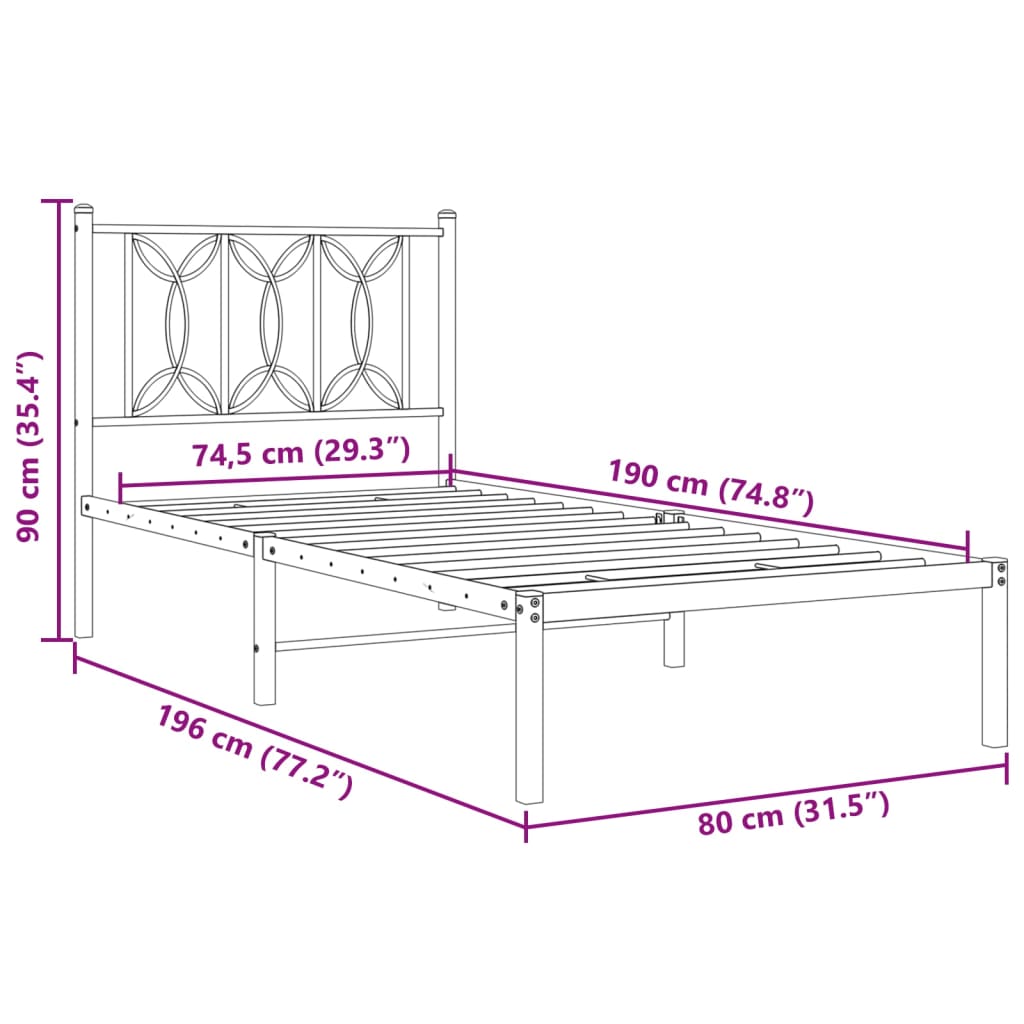 vidaXL Metal Bed Frame without Mattress with Headboard Black 75x190cm