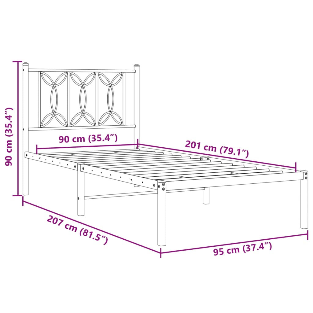 vidaXL Metal Bed Frame without Mattress with Headboard Black 90x200cm