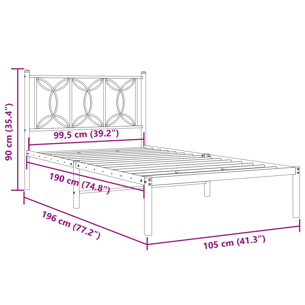 vidaXL Metal Bed Frame without Mattress with Headboard Black 100x190cm