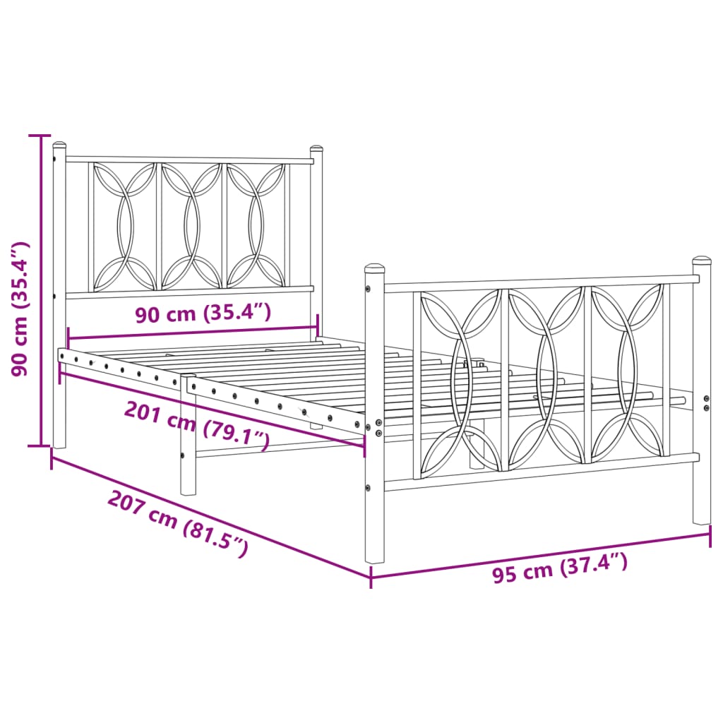 vidaXL Metal Bed Frame without Mattress with Footboard Black 90x200cm