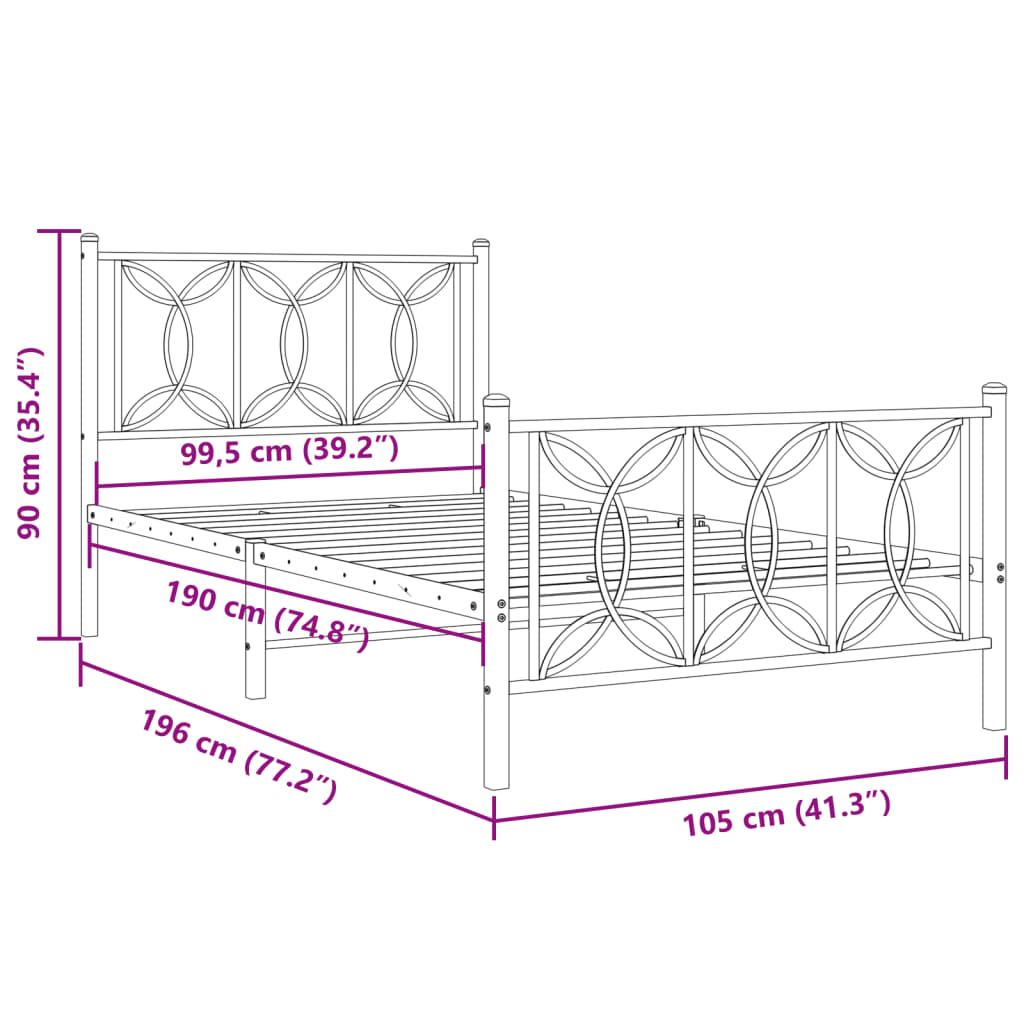 vidaXL Metal Bed Frame without Mattress with Footboard Black 100x190cm