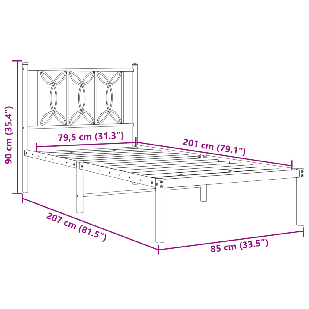 vidaXL Metal Bed Frame without Mattress with Headboard White 80x200cm