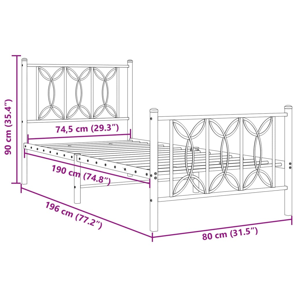 vidaXL Metal Bed Frame without Mattress with Footboard White 75x190cm