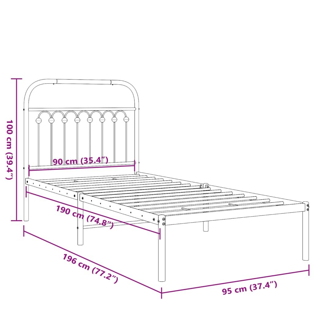 vidaXL Metal Bed Frame without Mattress with Headboard Black 90x190cm