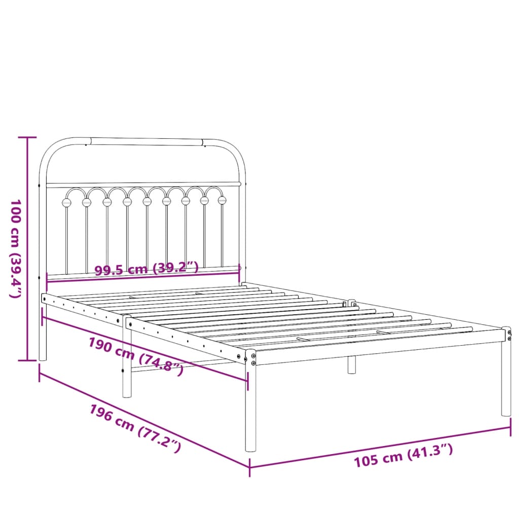 vidaXL Metal Bed Frame without Mattress with Headboard Black 100x190cm