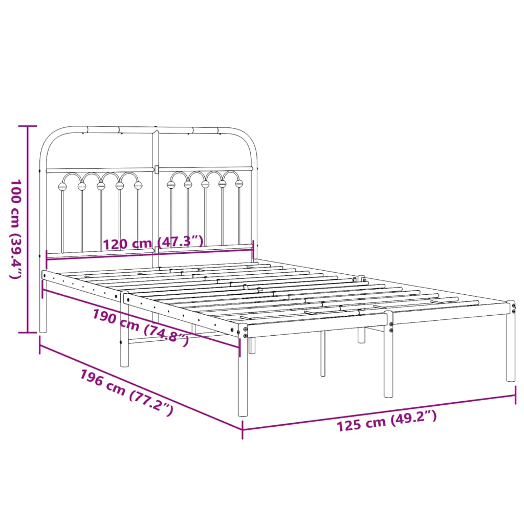 vidaXL Metal Bed Frame without Mattress with Headboard Black 120x190cm