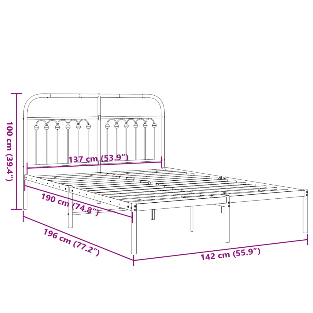 vidaXL Metal Bed Frame without Mattress with Headboard Black 135x190cm