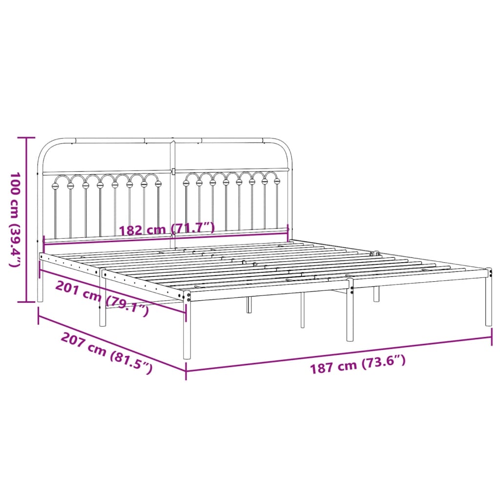 vidaXL Metal Bed Frame without Mattress with Headboard Black 183x203cm