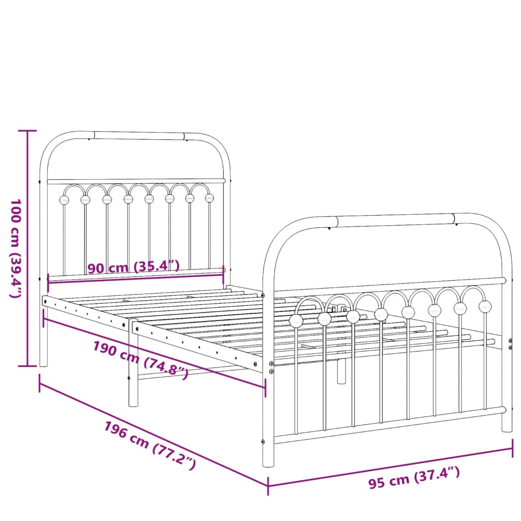 vidaXL Metal Bed Frame without Mattress with Footboard Black 90x190cm