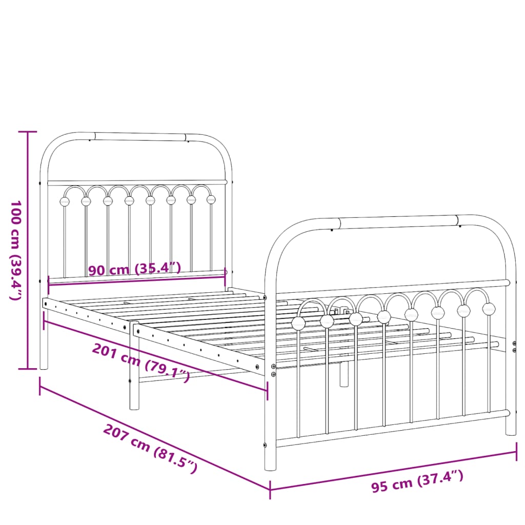 vidaXL Metal Bed Frame without Mattress with Footboard Black 90x200cm